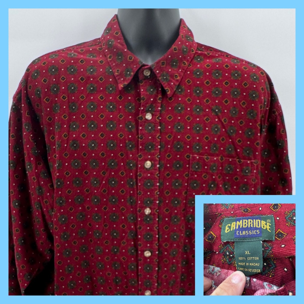 Cambridge Classics‎ Mens XL Red Corduroy Geometric Print Long Sleeve Button Up